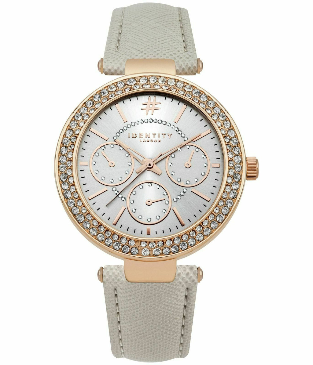 Rose Stone Set Mink/ Light Grey Faux Leather Strap Watch